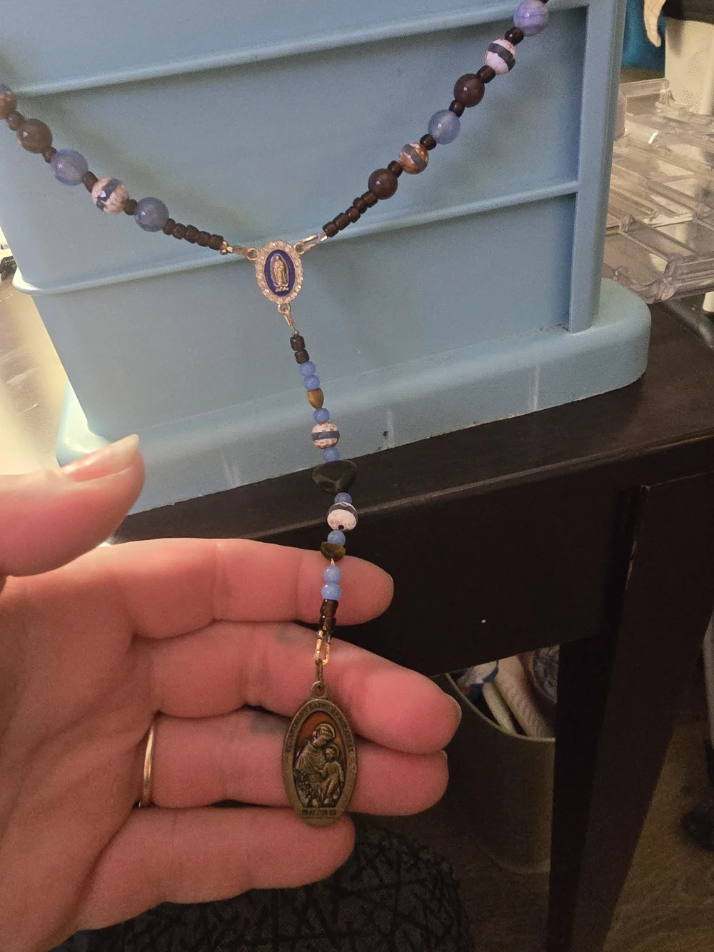 Rosary Handcrafted Blue and Brown Saint Medal Rosary Necklace